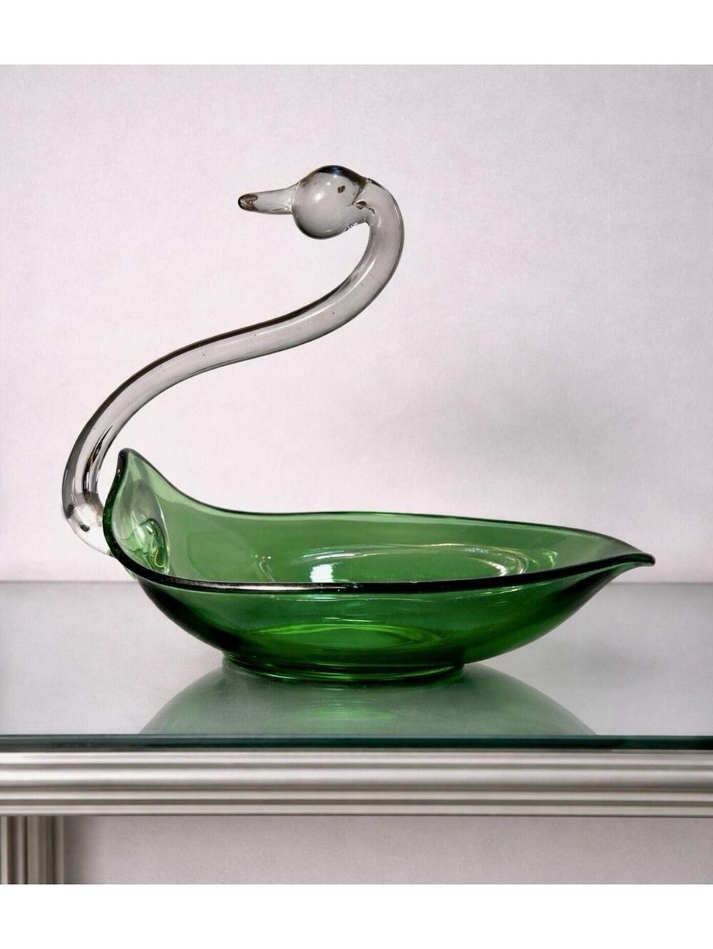 Duncan & Miller 1940s Emerald Green Art Glass Swan Candy Trinket Dish, 10x7x9”